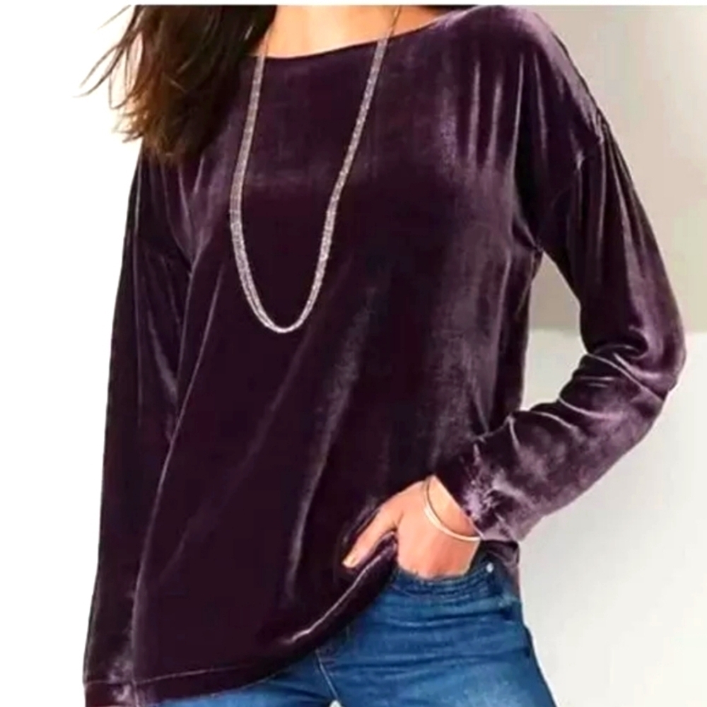 J. JILL Rayon & Silk Velvet Long Sleeve Top Dark Fig Purple